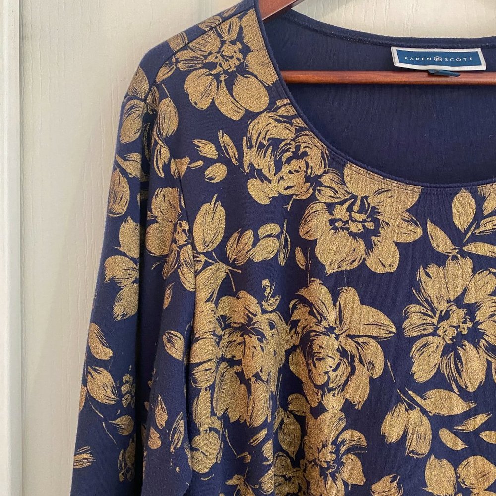 Karen Scott Navy Gold Floral Top 1X 3/4 Sleeve Blouse Plus Size Stretch Top - Picture 2 of 7
